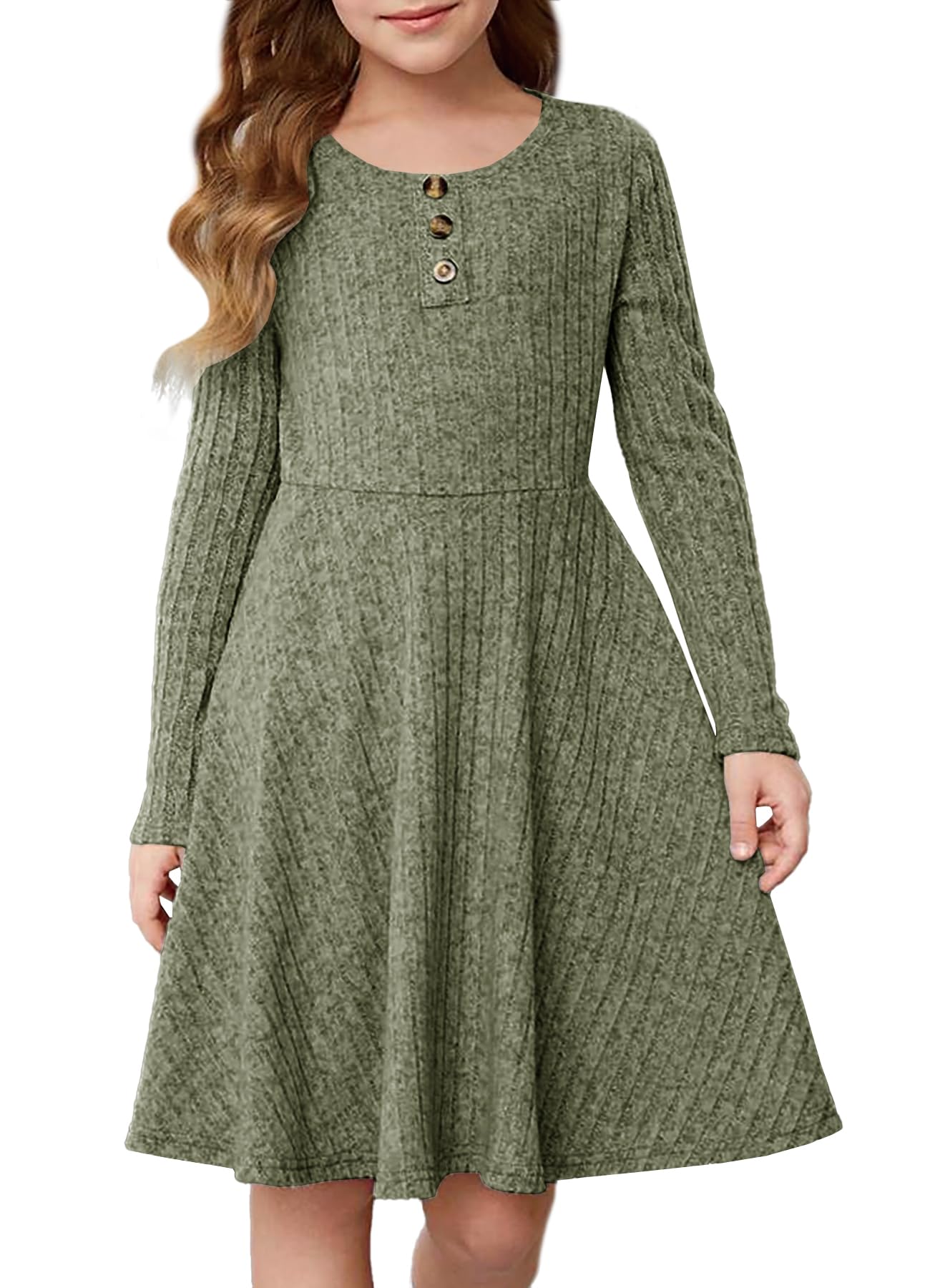 YOVION Vestido de otoño de manga larga con cuello redondo y botones, casual, acampanado, de punto acanalado, con bolsillos, para niñas de 6 a 12 años