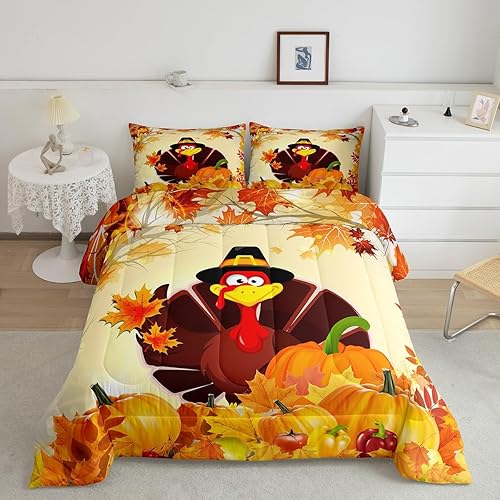 Juego de edredón de pavo individual, edredón de feliz Acción de Gracias para niños y niñas, juego de edredón de calabaza de otoño, juego de edredón