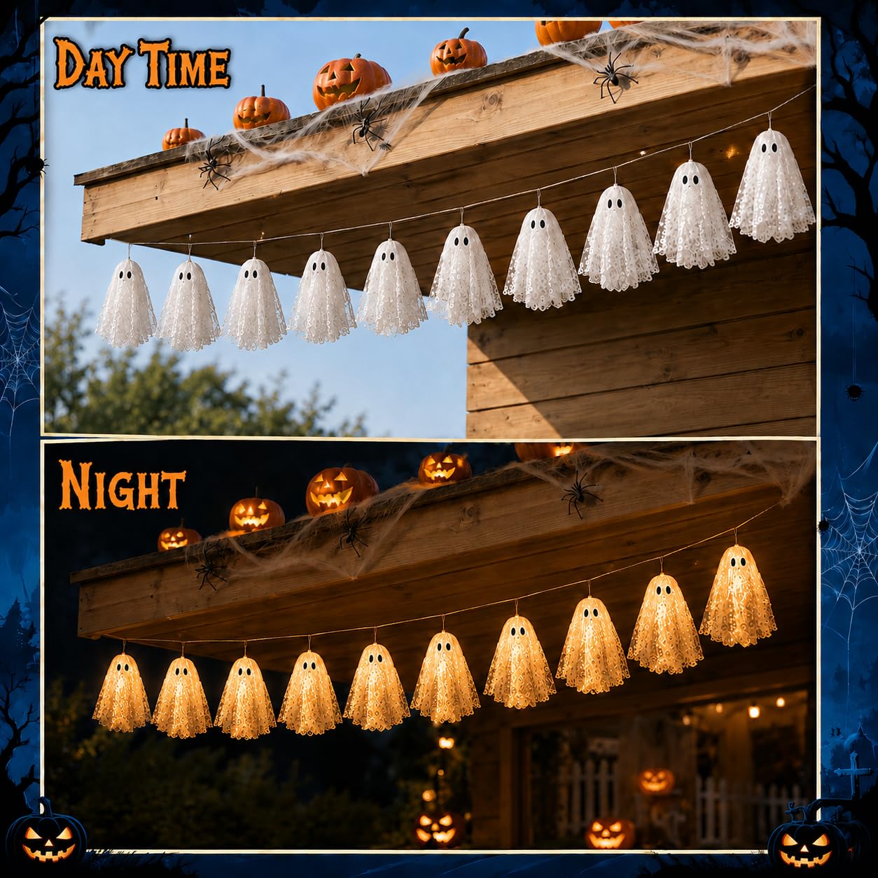 Juego de 2 luces de Halloween fantasma, 10 fantasmas LED de lentejuelas de color blanco cálido, 6.6 pies