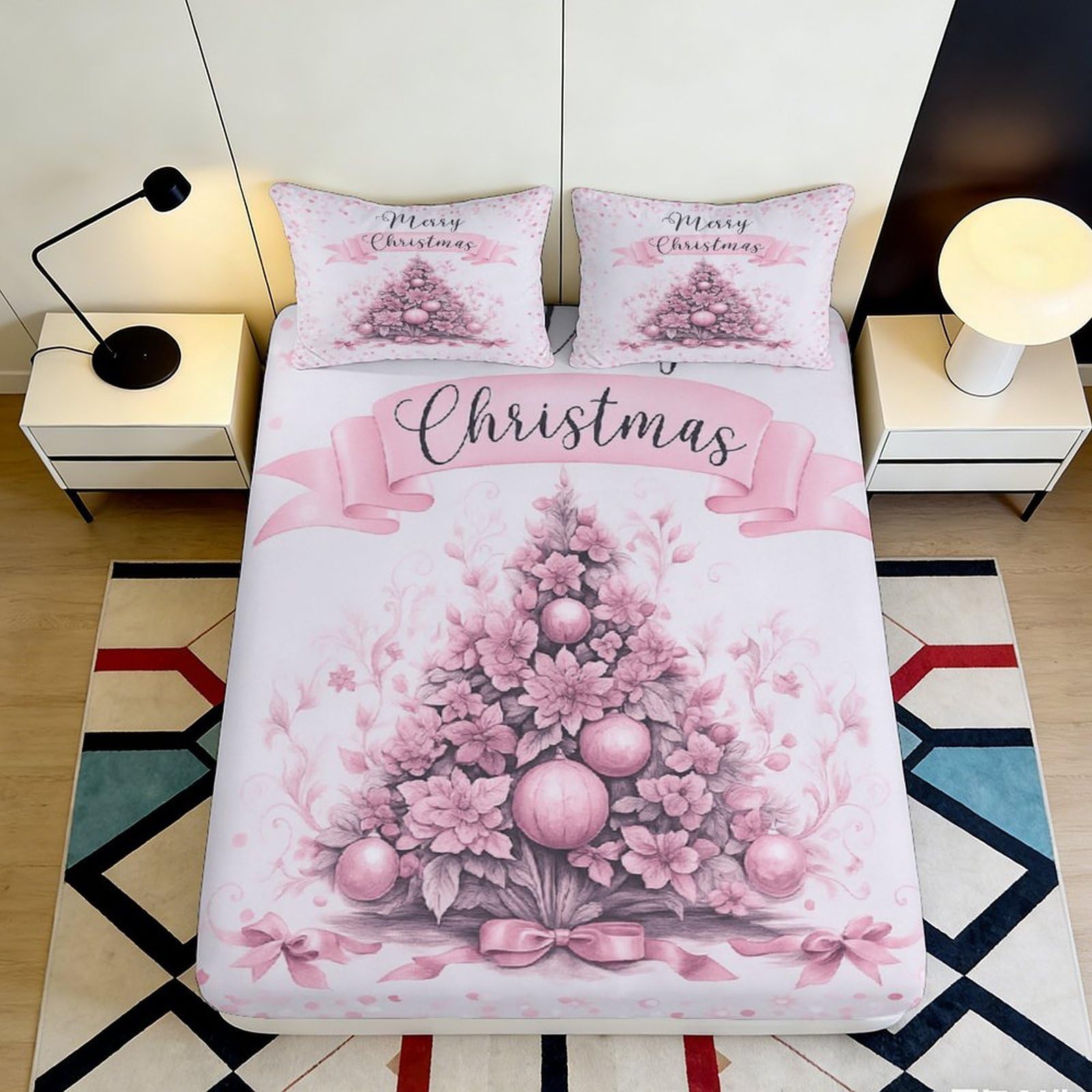 3D Printed Christmas Tree Fitted Sheet Microfiber Deep Pocket Non-Slip Christmas Tree Mattress Fitted Cover Washable Bedding 90x200x25cm