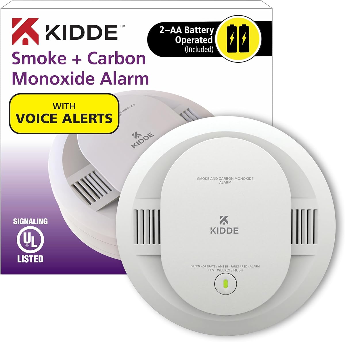 Detector de humo y monóxido de carbono, alimentado por pilas AA, sin cable, alertas de voz, indicadores luminosos de advertencia LED