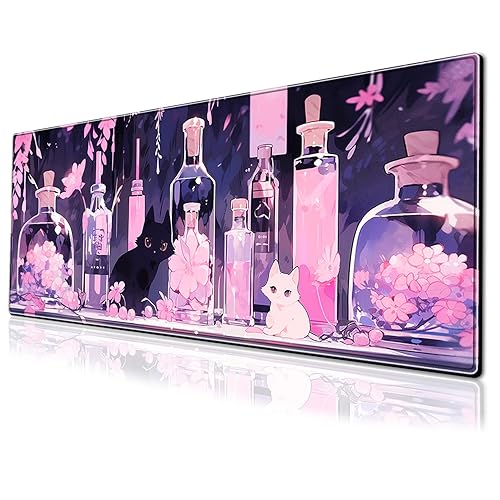 Cute Anime Cat Gaming Mouse Pad Pink Kawaii Large Desk Mat, 31.5x11.8 Inch Mousepad Extended Non-Slip Rubber Base Keyboard Mat with Stitched Edges for Desk Home Office - Cute Cat