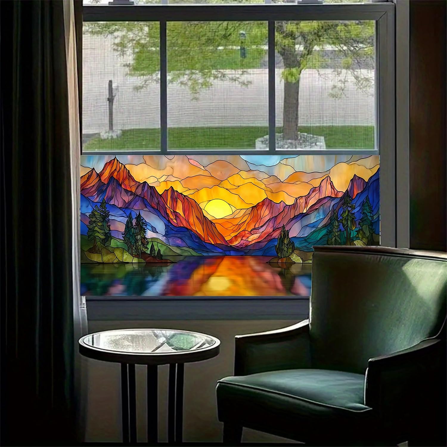 HOMETITUTE Stained Glass Mountain Sunset Pattern Static Cling Window Film Non-Adhesive Window Film 39.3x17.7 inches Removable Reusable for Glass Door Home and Office Bedrooms