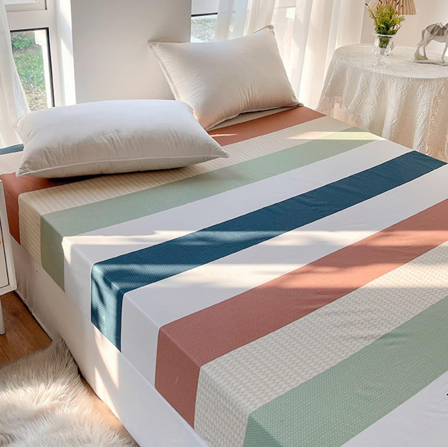 FCLDESHOP Mattress Encasement,Soft Comfortable Cotton Bedding Sheets,Solid Color Non-Slip Mattress Topper for Single Double King Size Bed,Beige,150 * 200cm