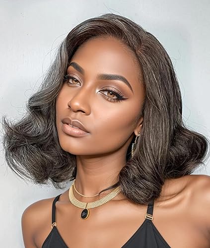 Rovess Salt And Pepper - Peluca corta estilo Bob de cabello humano ondulado suelto, color gris, 5 x 5 HD, cierre de encaje precortado, línea de