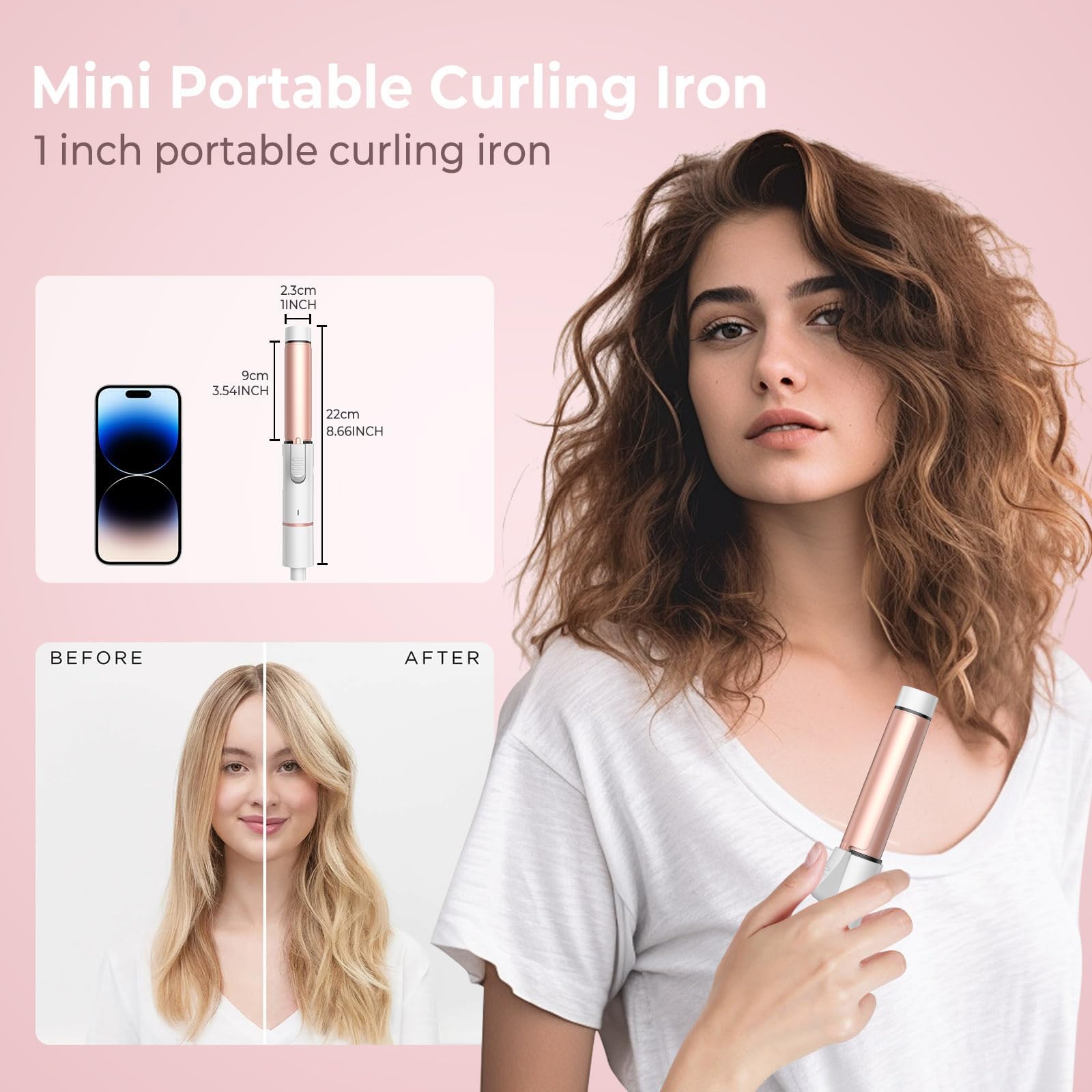 25mm Mini Boucleur a Cheveux, 180℃ Fer a Boucler Fer a Friser professionnel Bigoudis Cheveux Court avec Sac rangemen, Mini Boucleur de Voyage Portables, Double Tension 110-240V