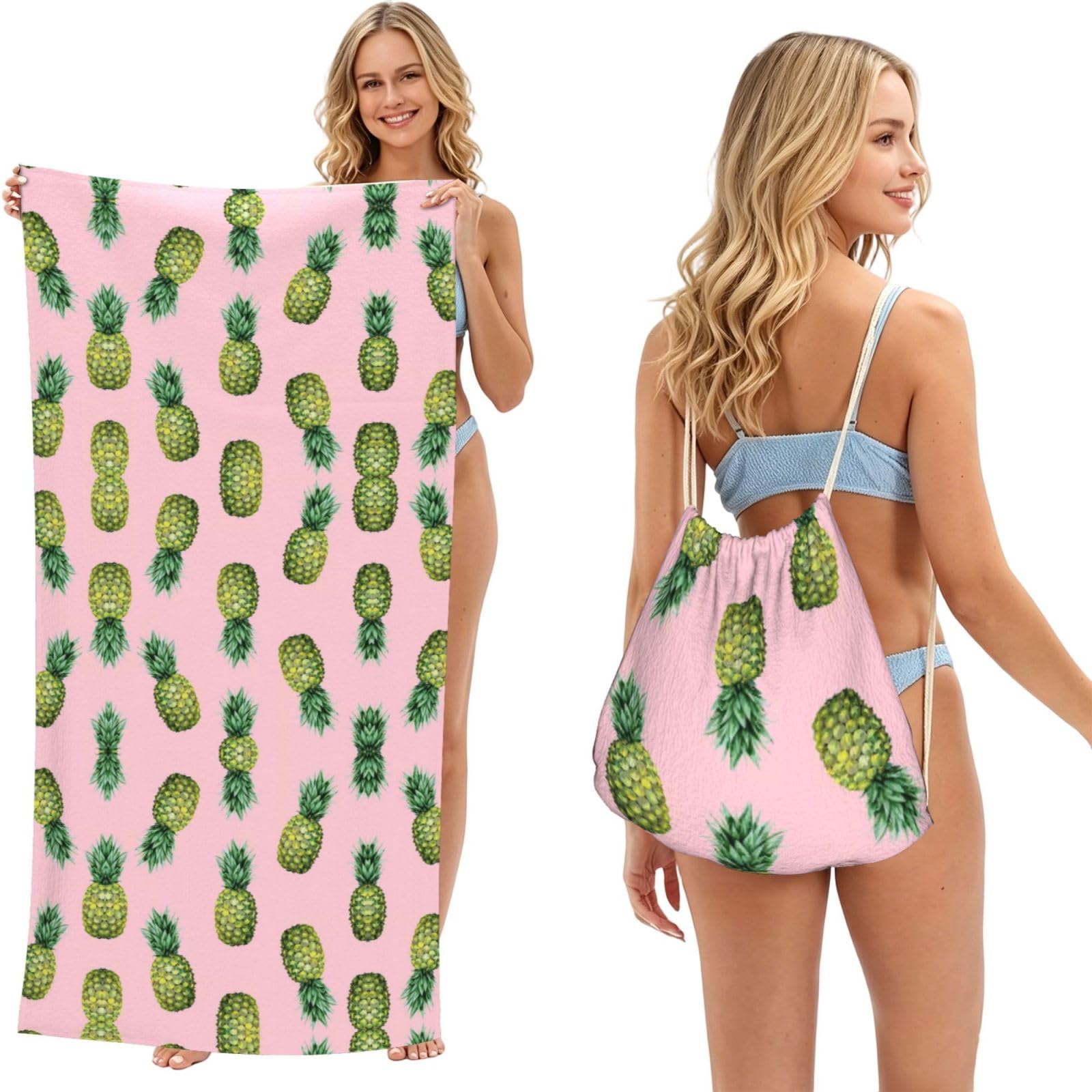 SATUSA Pineapple Printed Print 2-In-1 Foldable Beach Towel Backpack â€“ Camping, Yoga And Travel,Bath Towel With Built-In Storage, Convertible Beach Mat & Carry Bag