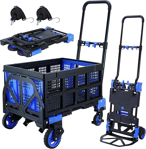 Carro de mano 2 en 1 plegable con cesta, carretilla de mano plegable con mango retráctil, capacidad de 330 libras, carrito de mano plegable con