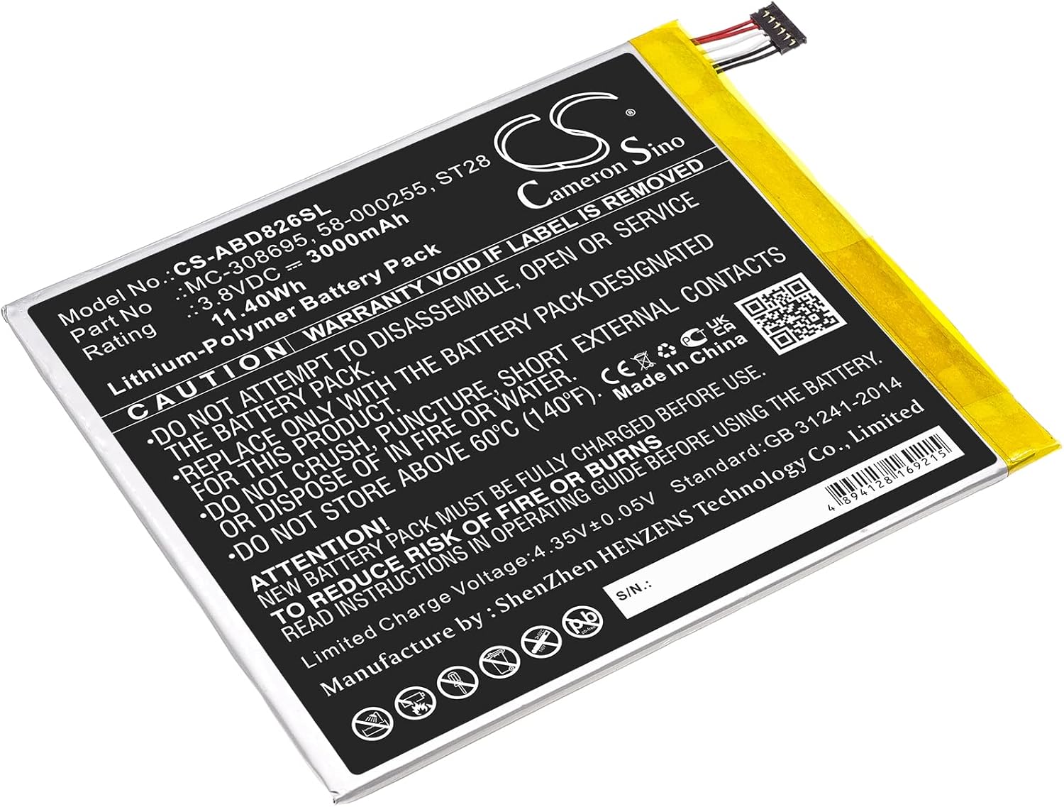 Camron Sino Battery for Fire 2019 9th Generatio, Fire M8S26G 58-000255, MC-308695, ST28 3000mAh / 11.40Wh