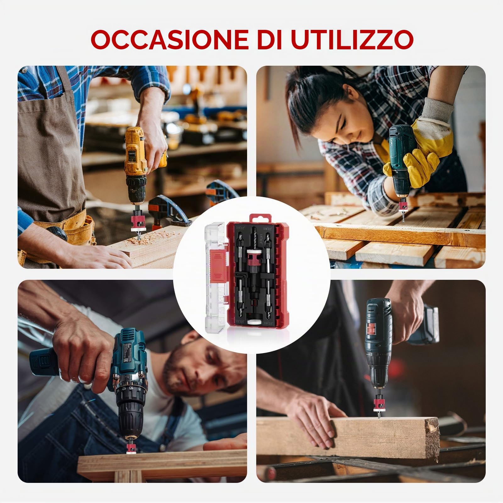 Set di 5 punte per trapano a svasatura per legno, con attacco esagonale, in HSS-M2, fori precisi, per officina, lavorazione del legno