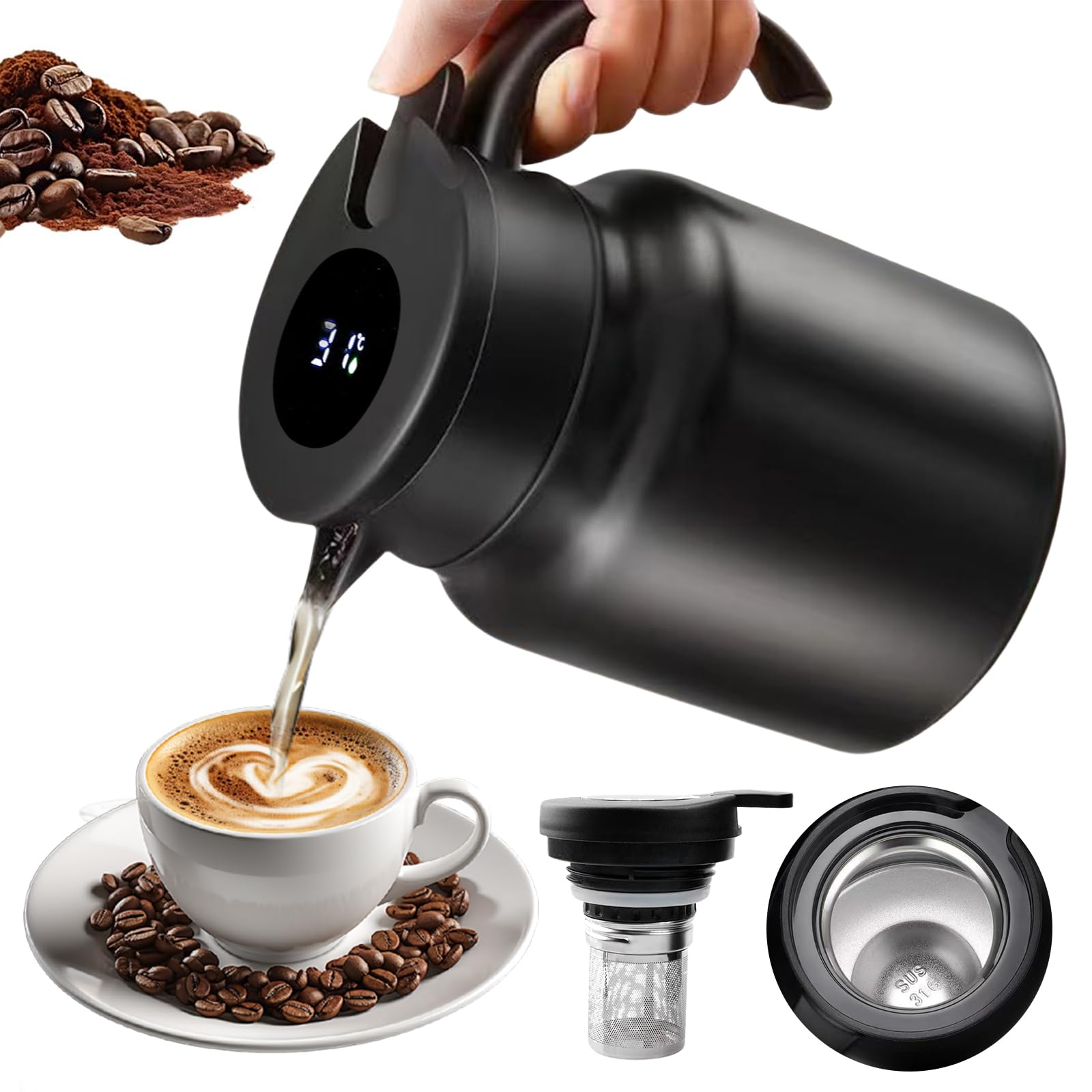 Thermos da 1 l con colino da tè, thermos con indicatore di temperatura, caffettiera (senza perdite, nessuna goccia), caffettiera ben sigillata, per caffè, tè e latte