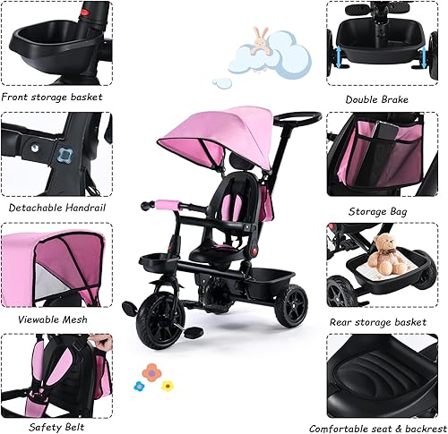 Miniatura 6 de Kinder King Triciclo para niños, triciclo 6 en 1 para niños pequeños con mango de empuje ajustable, asiento giratorio, toldo ajustable, arnés de