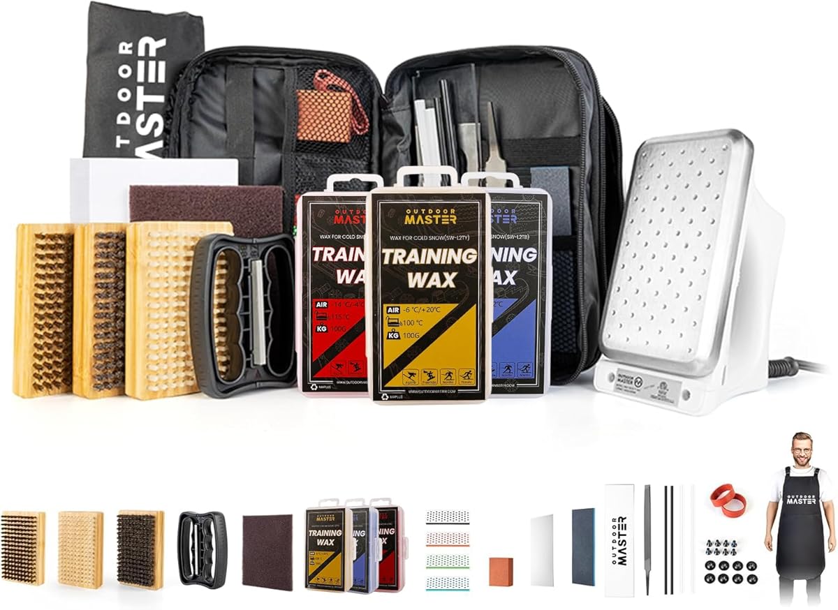 OutdoorMaster Ski Snowboard Tuning and Waxing Kit with Waxing Iron,Ski Wax,Edge Tuner,Brush,Wax Scraper,Ptex,Fixer Screw,Rubber Band