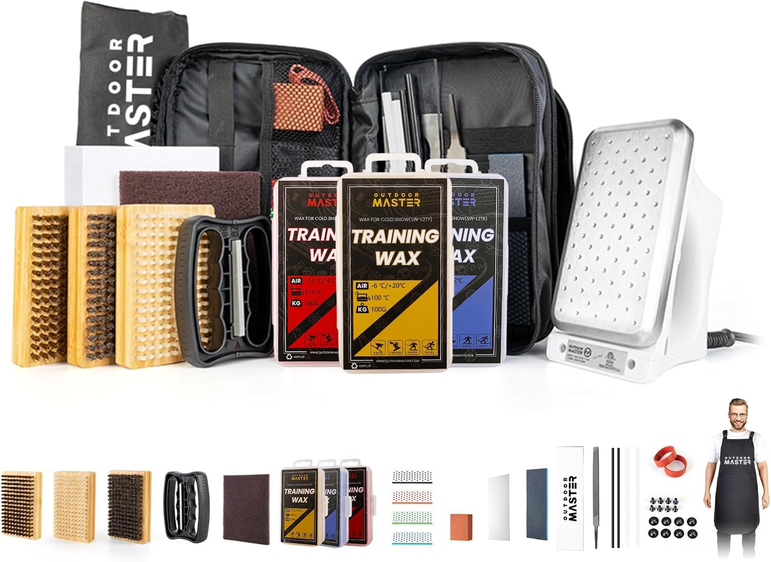 OutdoorMaster Ski Snowboard Tuning and Waxing Kit with Waxing Iron,Ski Wax,Edge Tuner,Brush,Wax Scraper,Ptex,Fixer Screw,Rubber Band
