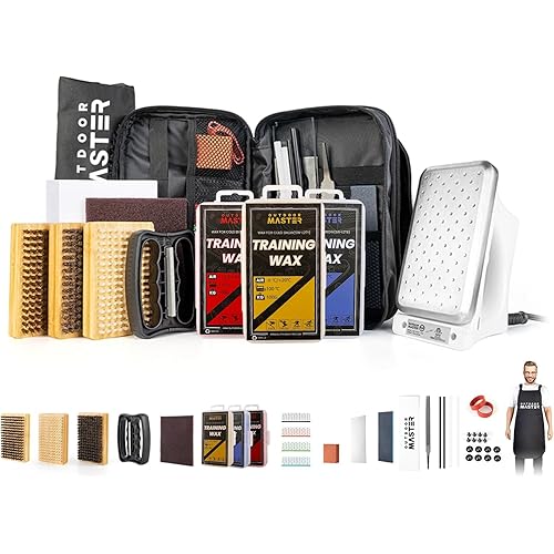 OutdoorMaster Ski Snowboard Tuning and Waxing Kit with Waxing Iron,Ski Wax,Edge Tuner,Brush,Wax Scraper,Ptex,Fixer Screw,Rubber Band