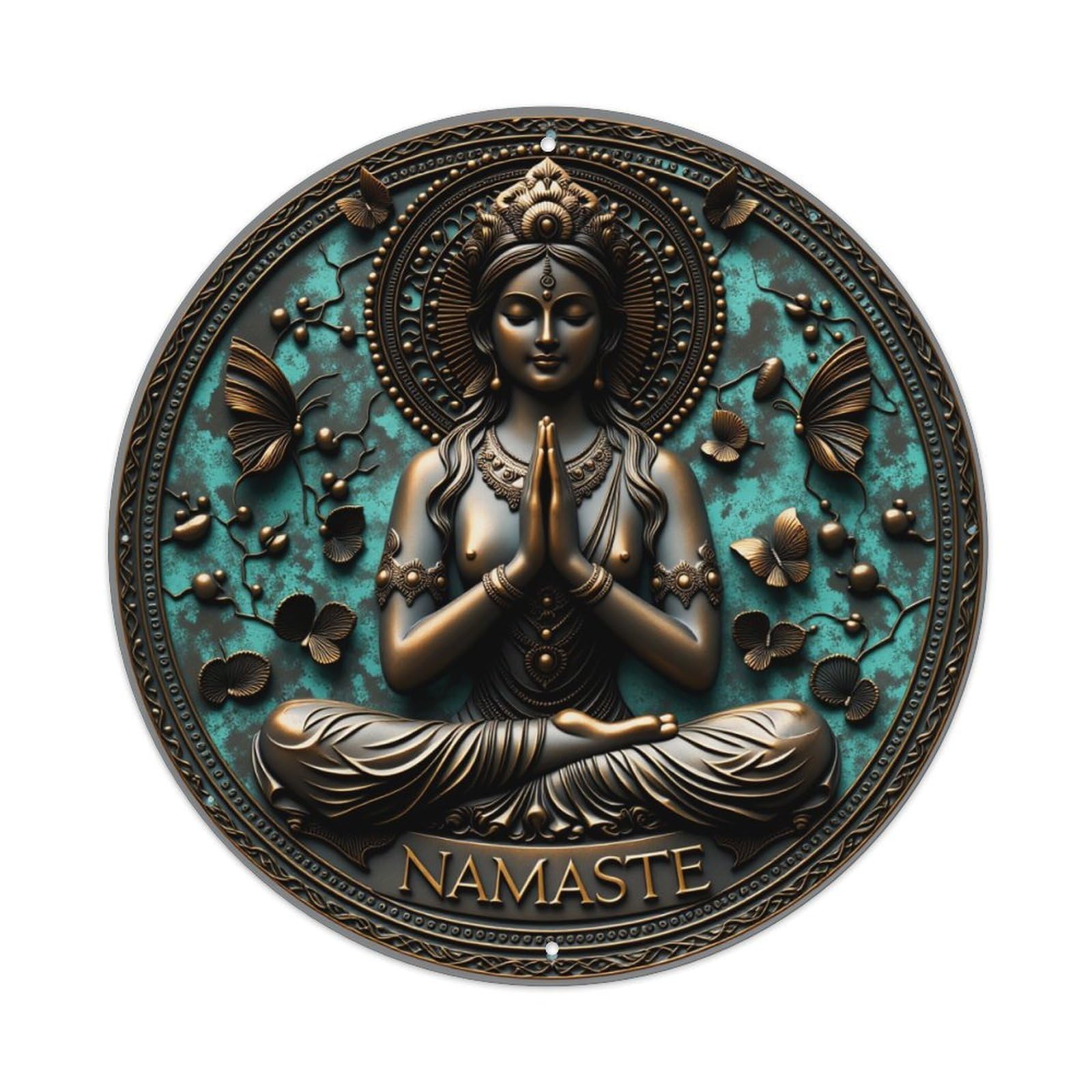 Namaste Goddess Meditating With Butterflies And Flowers Round Vintage Tin Sign,Retro Wall Art,Metal Poster for Home, Bar, Garage, Cafe, Rustic Indoor & Outdoor Decor, 8x8 Inches