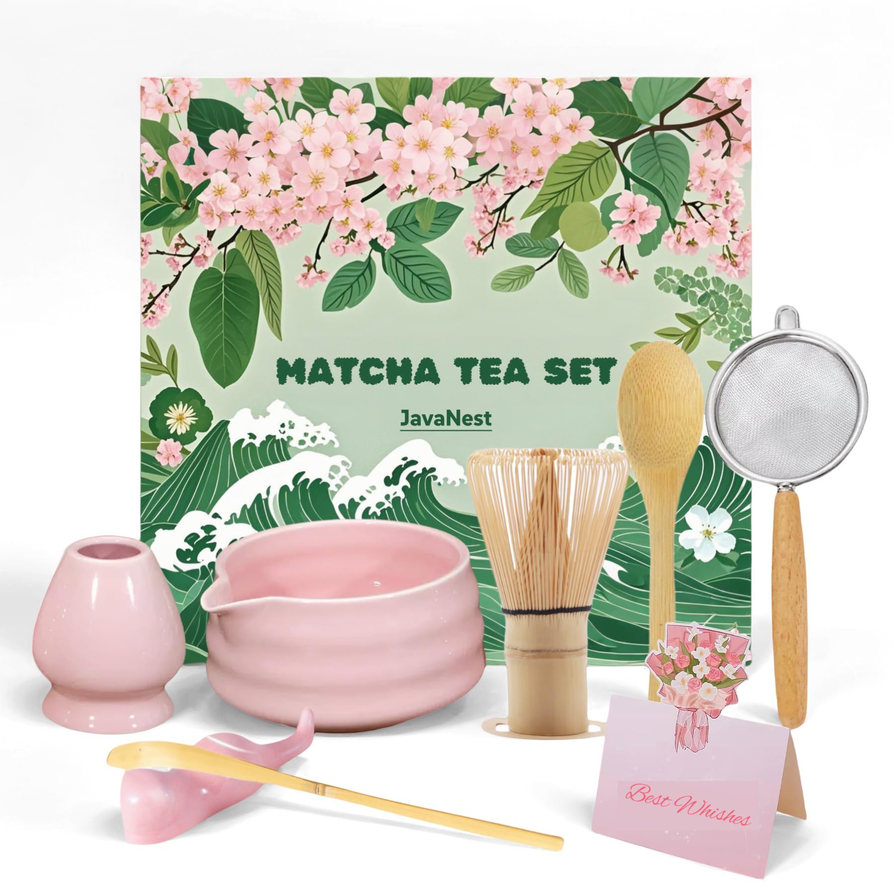 7-Piece Matcha Tea Set with Gift Card – 120-Prong Bamboo Whisk, Ceramic Bowl with Spout, Whisk Holder, Scoop, Spoon, Strainer & Scoop Holder – Ideal Gift for Matcha Lovers (Pink)