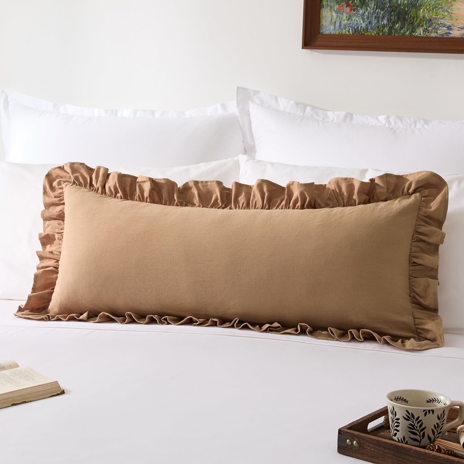 View 1 of 100% Cotton Ruffles 14x36 Inch Long Lumbar Pillow Cover 1 Pack, Light Khaki