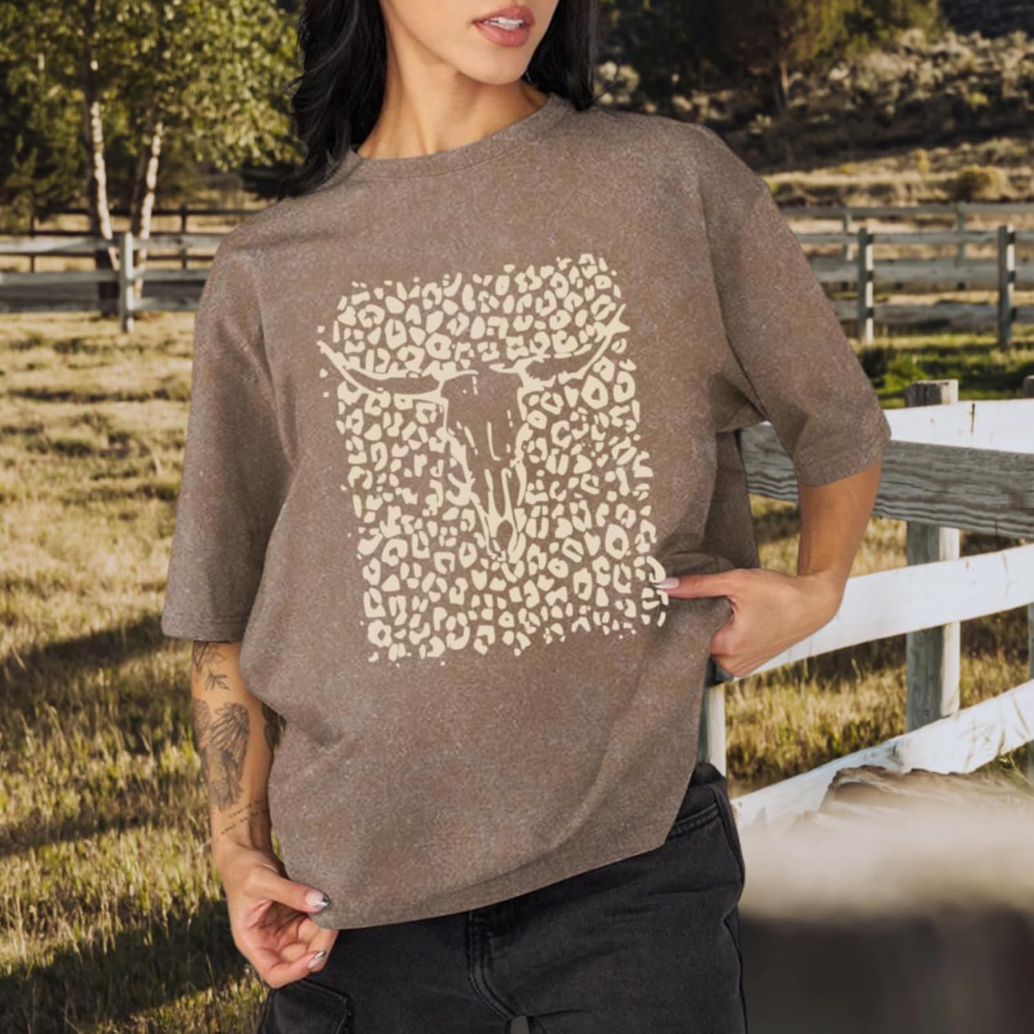 Western Cow Skull Shirts for Women Boho Cowgirl Shirt Vintage Acid Wash Tshirt Oversize Rodeo Graphic Tee Country Top - Image 3