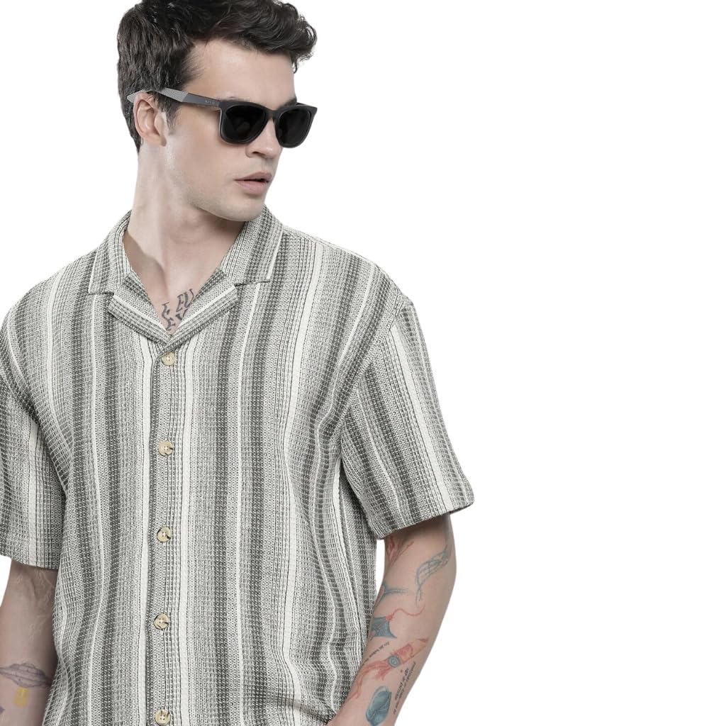 Men's Cotton Relaxed Fit Striped Half Sleeves Cuban Collar Resort Wear Shirt