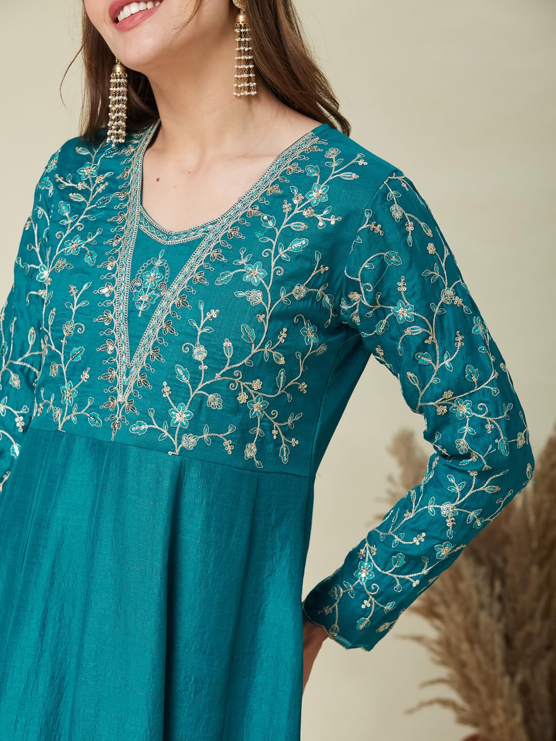 MOKOSH Women Silk Embroidered Rama Anarkali Kurta Pant And Dupatta Set-471-03-S - Image 3 thumbnail
