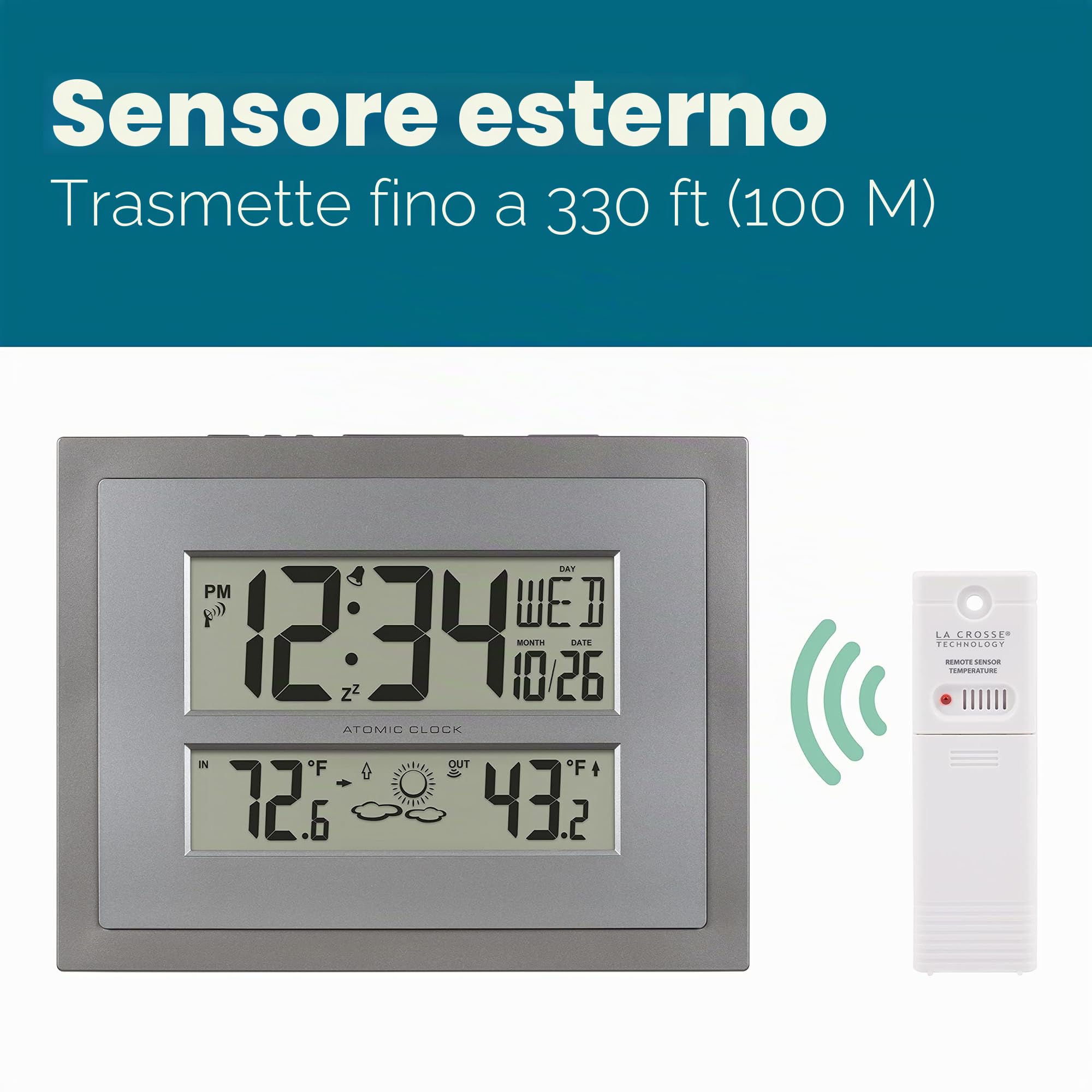 La Crosse Technology 512-85937-INT Orologio da parete digitale atomico con temperatura e previsioni in grigio/argento
