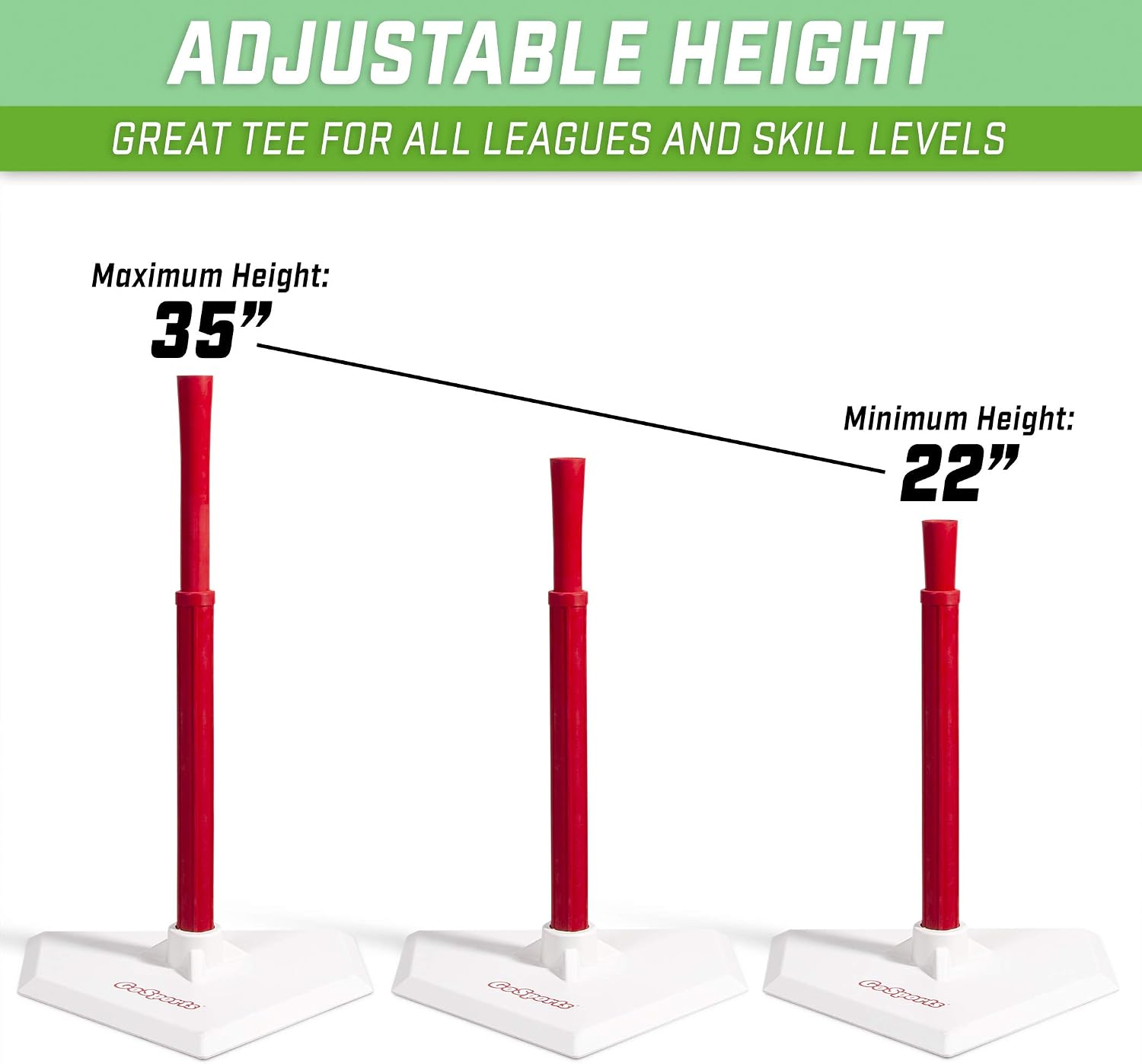 GoSports Baseball & Softball Batting Tee - Adjustable Height Rubber Tee for All Leagues and Skill Levels,White/Red
