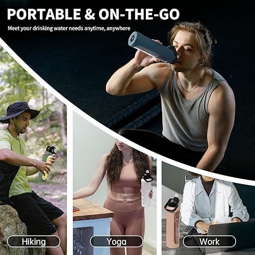 Miniatura 7 de Botellas de agua de vidrio de 32 onzas con 2 tapas, tapa de boquilla con asa y tapa de popote, botella de agua motivacional de borosilicato de 1