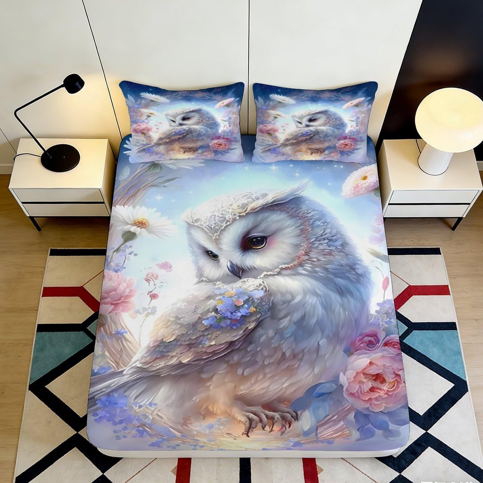 3D Printed Dreamy Owl Fitted Sheet Microfiber Soft Breathable Floral Forest Bed Cover for Bedroom Dorm Mattress Decor 120x200x25cm