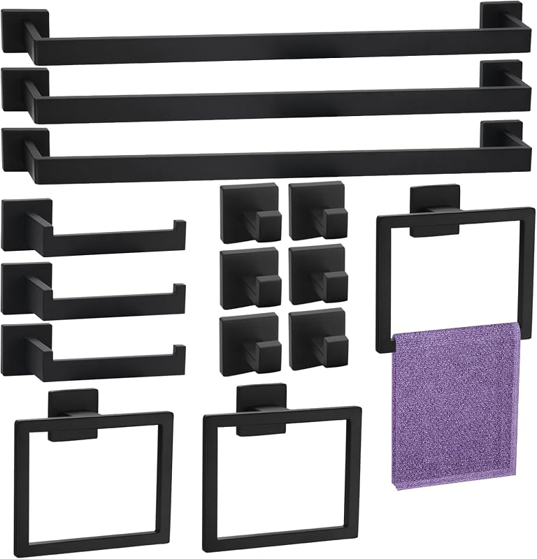 Juego de accesorios de baño de 15 piezas, juego de accesorios de baño negro mate, toalleros para baño, juego de barra de toalla de baño de 23,6 pulgadas de acero inoxidable, soporte de papel higiénico montado en la pared, anillo de toalla, gancho para toalla