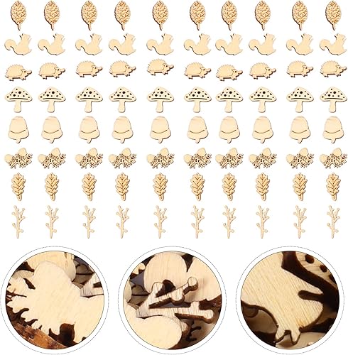 Miniatura 9 de EXCEART Juego de 200 piezas de madera sin acabar, madera rústica, bosque, hoja de animales, hongos, piezas de manualidades, adornos de rebanadas