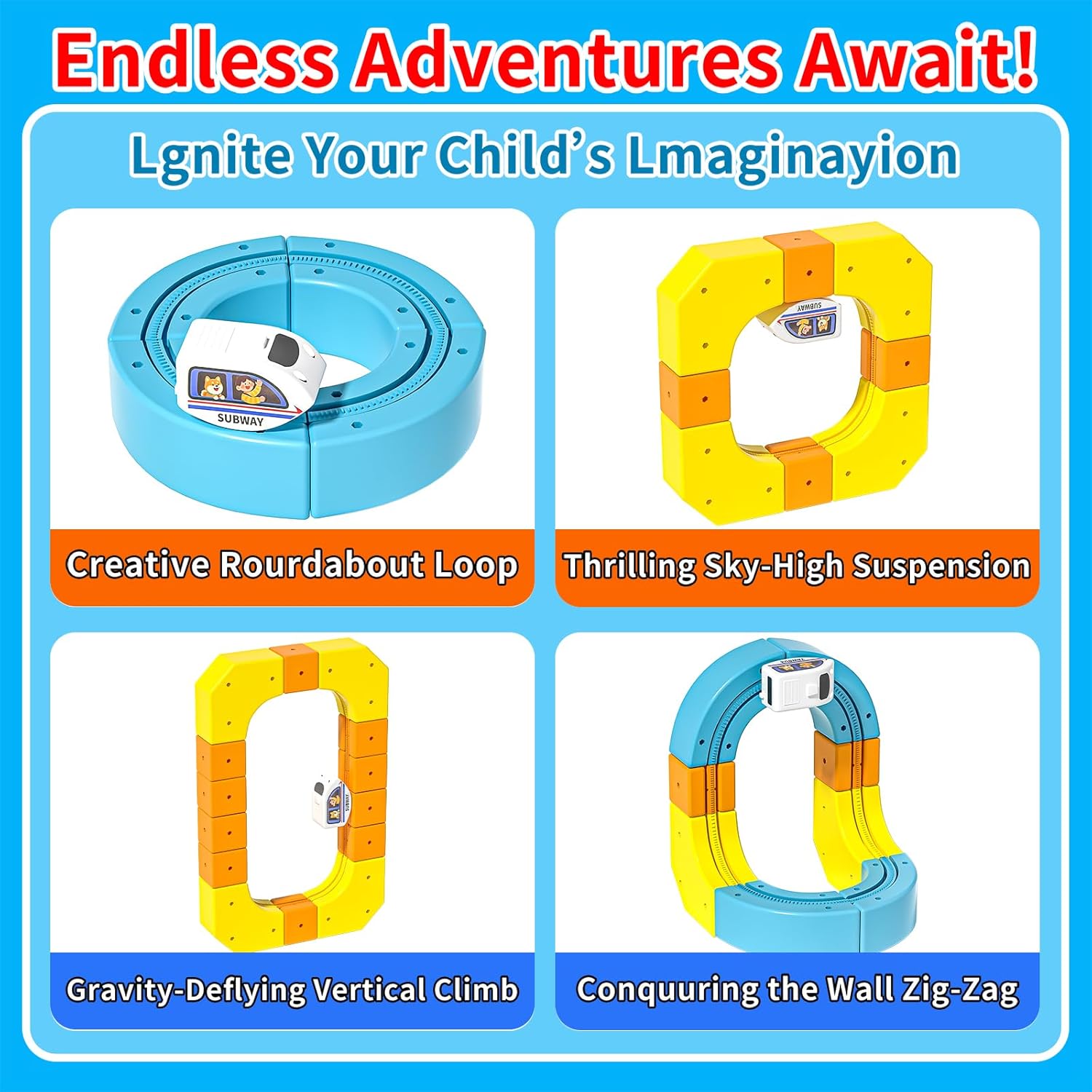 Electric klick Rail Infinity 3D Train Set, Building Stem Toys for Boys Girls, Flexible Race Car Track with Cube & Motorized Train, Gravity-Defying 3D Layout Building Kit, 127pcs