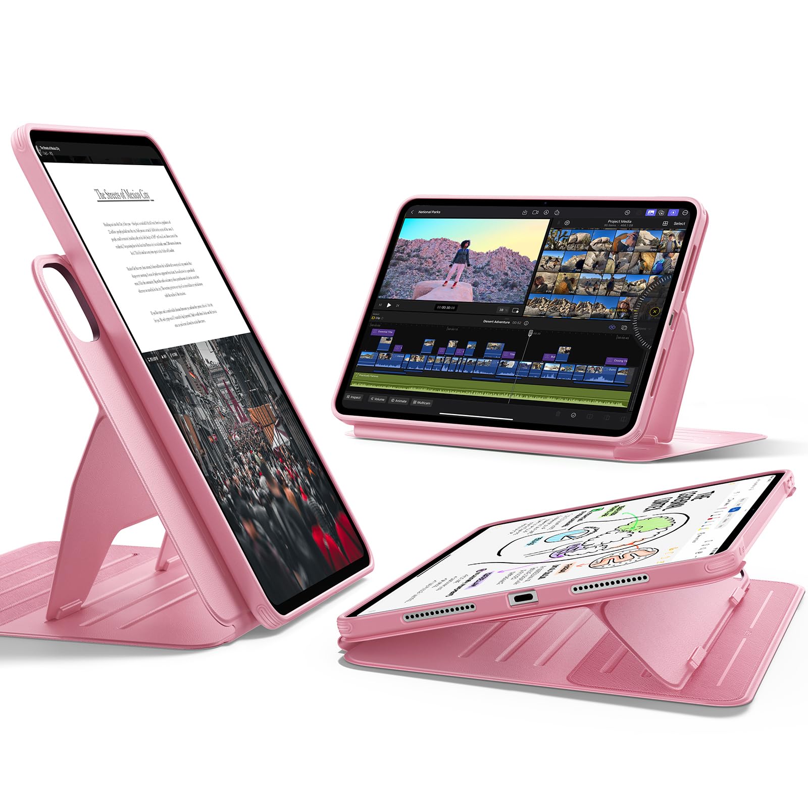 for iPad Pro 11 inch Case M5/M4 (2025/2024), Rotating Case with Removable Magnetic Cover, Adjustable Portrait/Landscape Stand, 9 Standing Angles, Shift Series, Pink