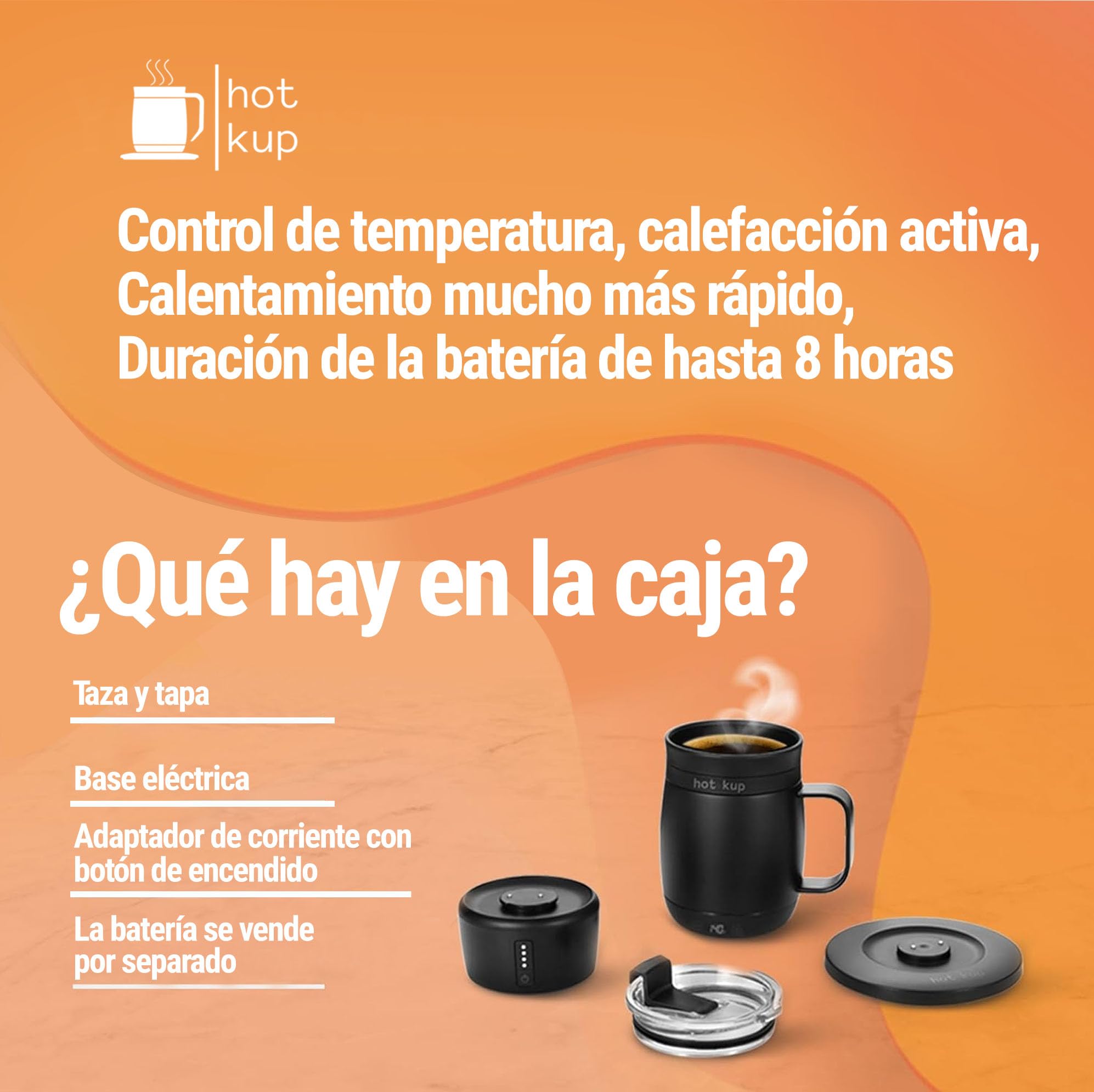 Hot Kup - Taza inteligente autocalentable con base eléctrica portátil opcional, Calentar y Preparar Bebidas Calientes - Control Total de Temperatura para Café, Calentar leche y Purificar agua - Blanco