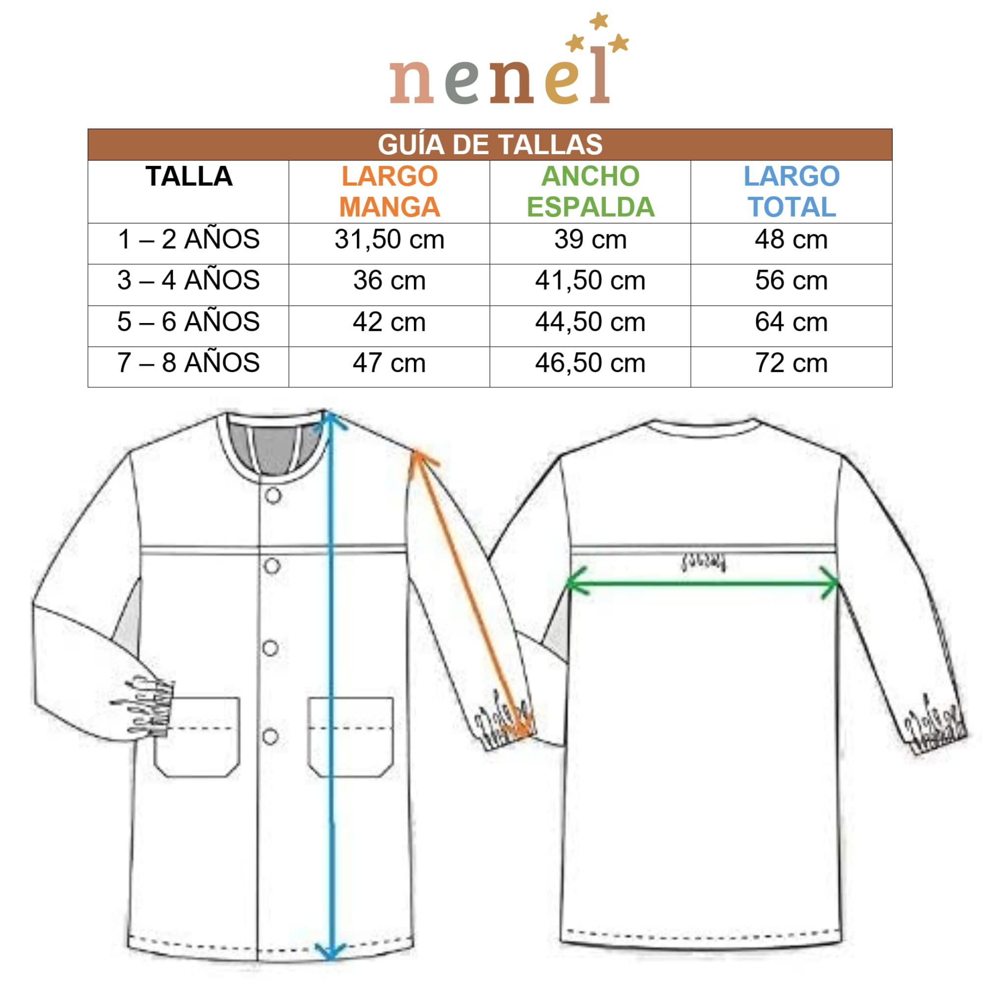 Nenel Conjunto Escolar para Colegio o guardería: Mandilón, babi o Bata Escolar + Bolsa merienda Bordado con el Nombre. Modelo Unicornios