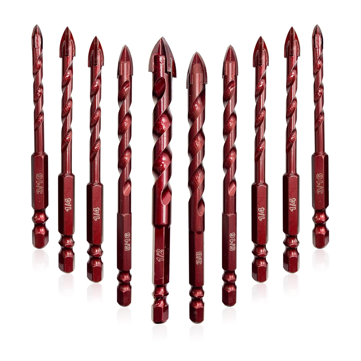 FEWELL Masonry Drill Bits 10 Pcs, Concrete Drill Bit Set Size 3/16" to 1/2", Professional High Cobalt Drill Bit Set for Tile Glass Metal Brick Concrete Ceramic Plastic Wood