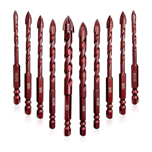 FEWELL Juego de brocas de mampostería, 10 unidades, juego de brocas para hormigón, tamaño de 316 a 12 pulgadas, juego profesional de brocas de alto