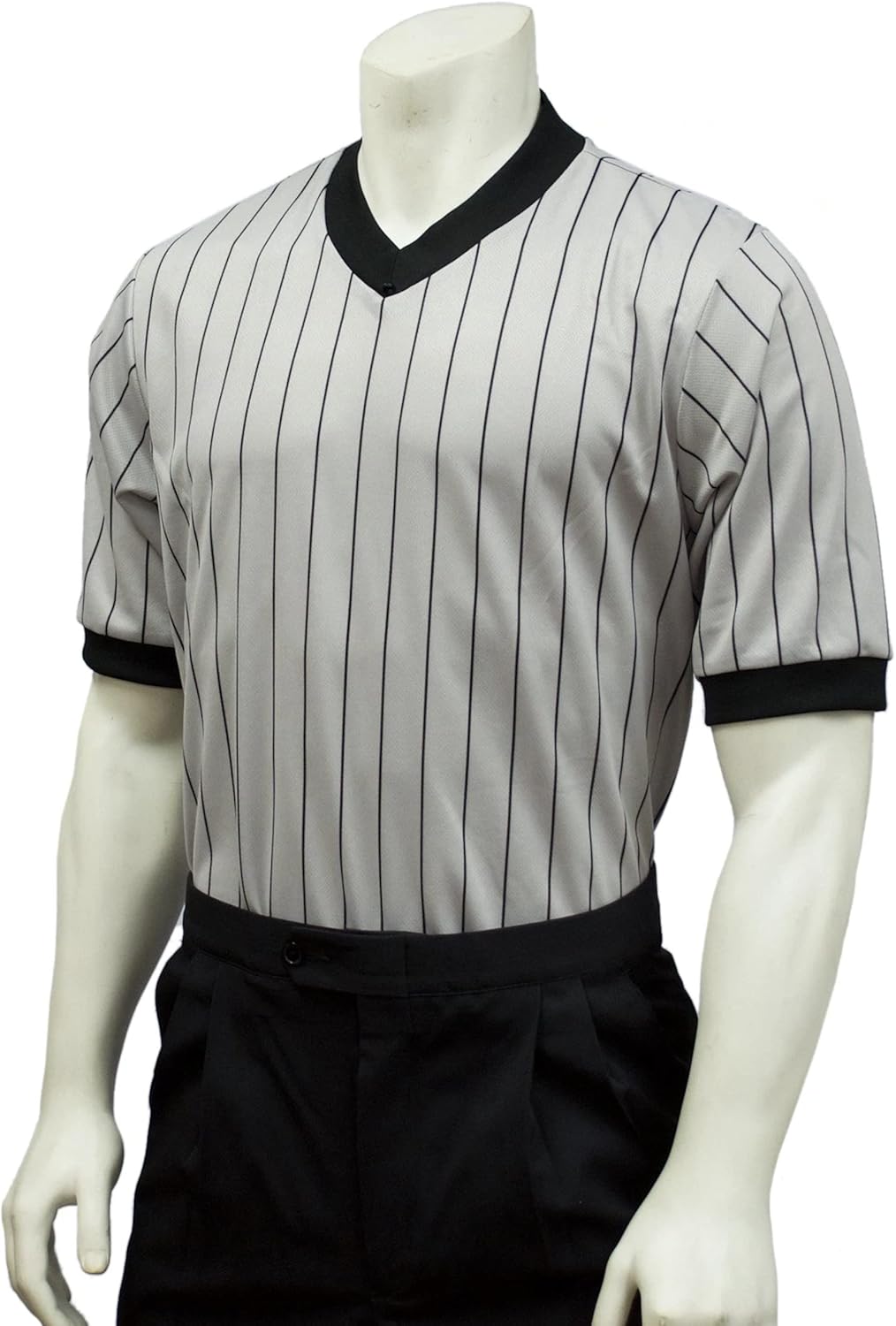 Smitty | BKS-205 | Gray w/Black Pinstripes Referee Shirt | Performance Mesh V-Neck Wrestling Basketball | Official's Choice! (Medium)