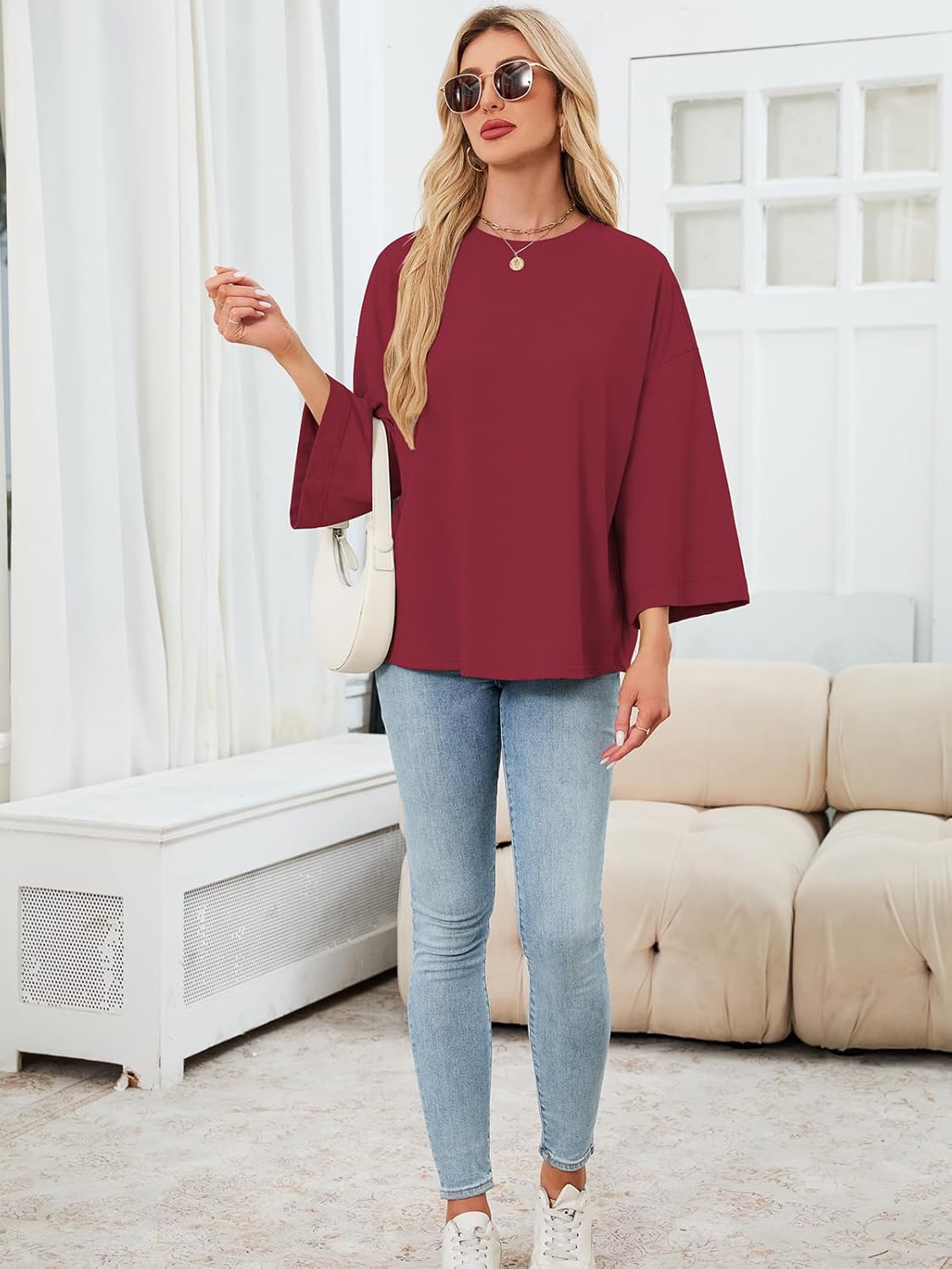 Women's Oversized 3/4 Sleeve Shirts Crew Neck Drop Shoulder Summer Casual Loose Fit Basic Tops Tshirt - Image 4