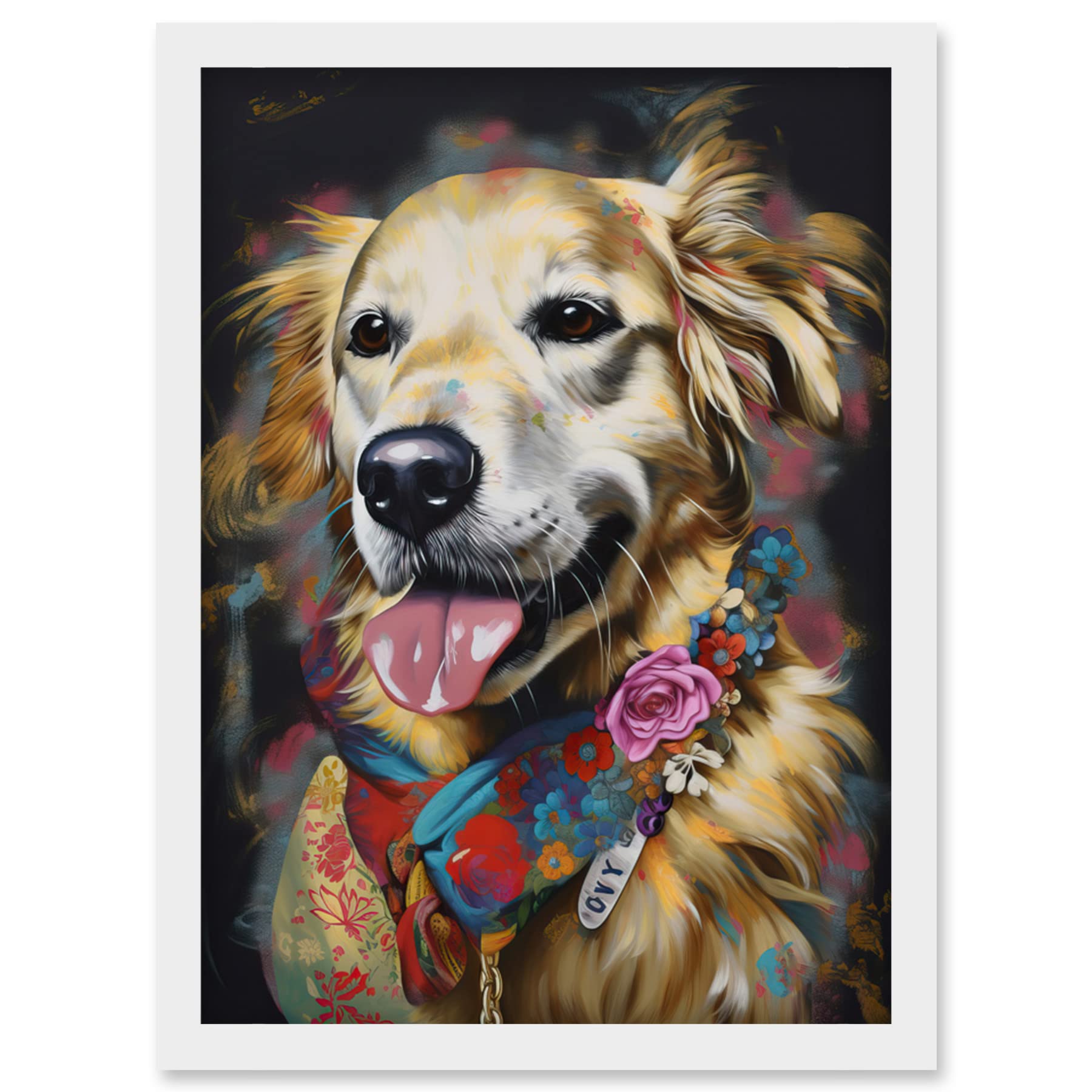 Artery8 Golden Retriever Dog with Floral Bandana Collar Artwork Framed Wall Art Print A4
