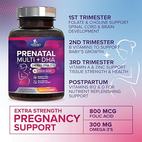 Miniatura 5 de Vitaminas prenatales con ácido fólico y DHA, apoyo al desarrollo cerebral fetal con folato y omega 3, multivitamínico prenatal para mujeres,