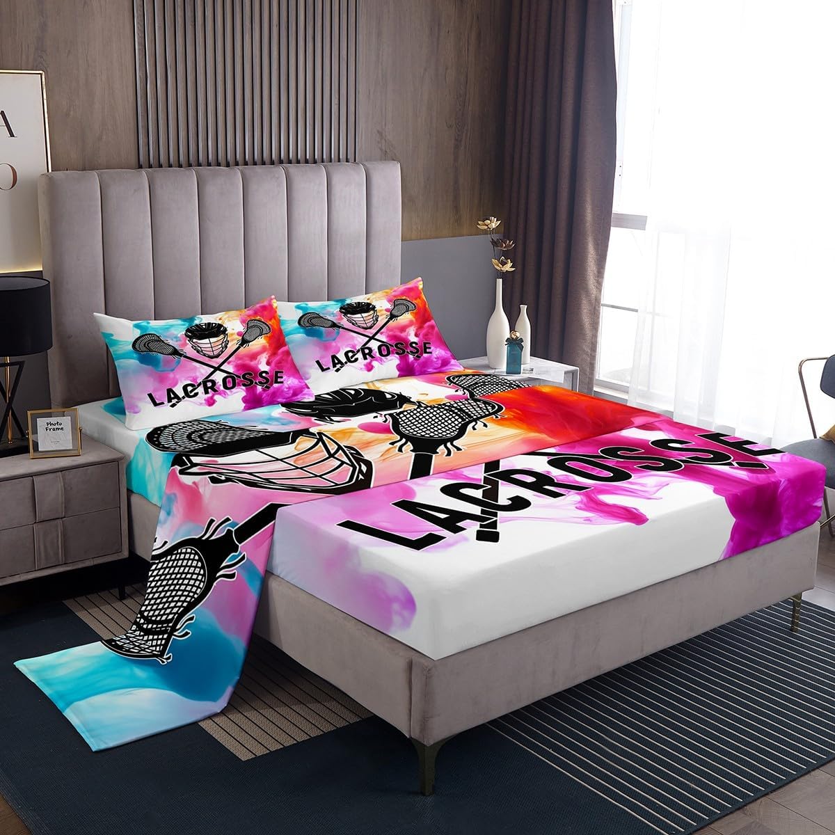 Feelyou Lacrosse Sheets Set Kids Ball Game Sports Theme Bed Sheet Set Boys Girls Lacrosse Lover Decor Bedding Set Microfiber Bed Set with Deep Pocket Fitted Sheet Bedroom Queen Size