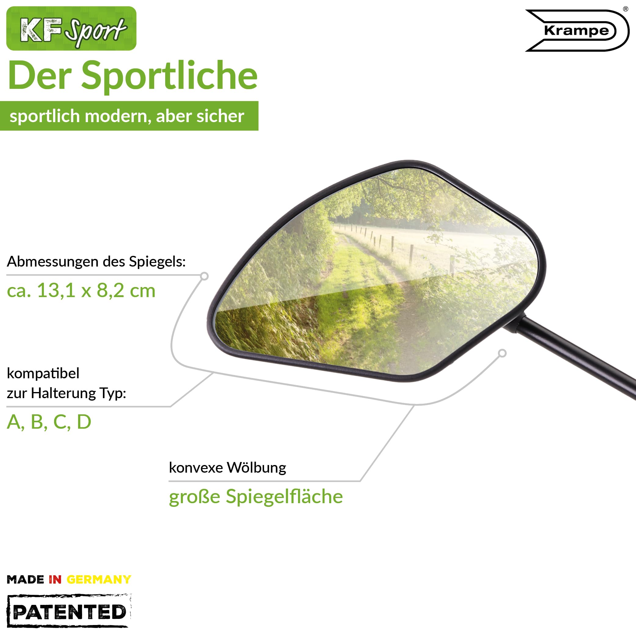 Krampe Fahrradspiegel "KF Sport Typ B"- Made in Germany, stabiler Rückspiegel für E-Bike & Fahrrad, individuell einstellbar, für linke und rechte Lenkerseite erhältlich