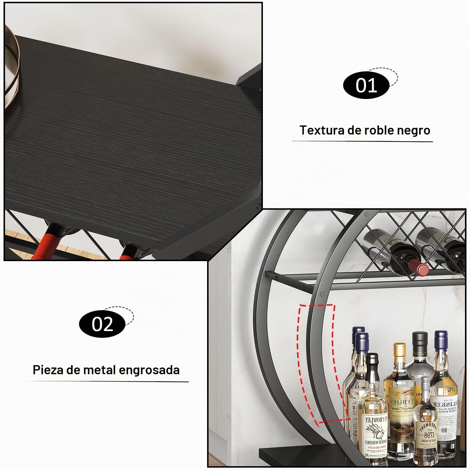 LVB Carrito Bar Negro, Carrito para Bebidas Moderno, con Ruedas, Madera y Metal, Estante Incluido, Cocina o Comedor