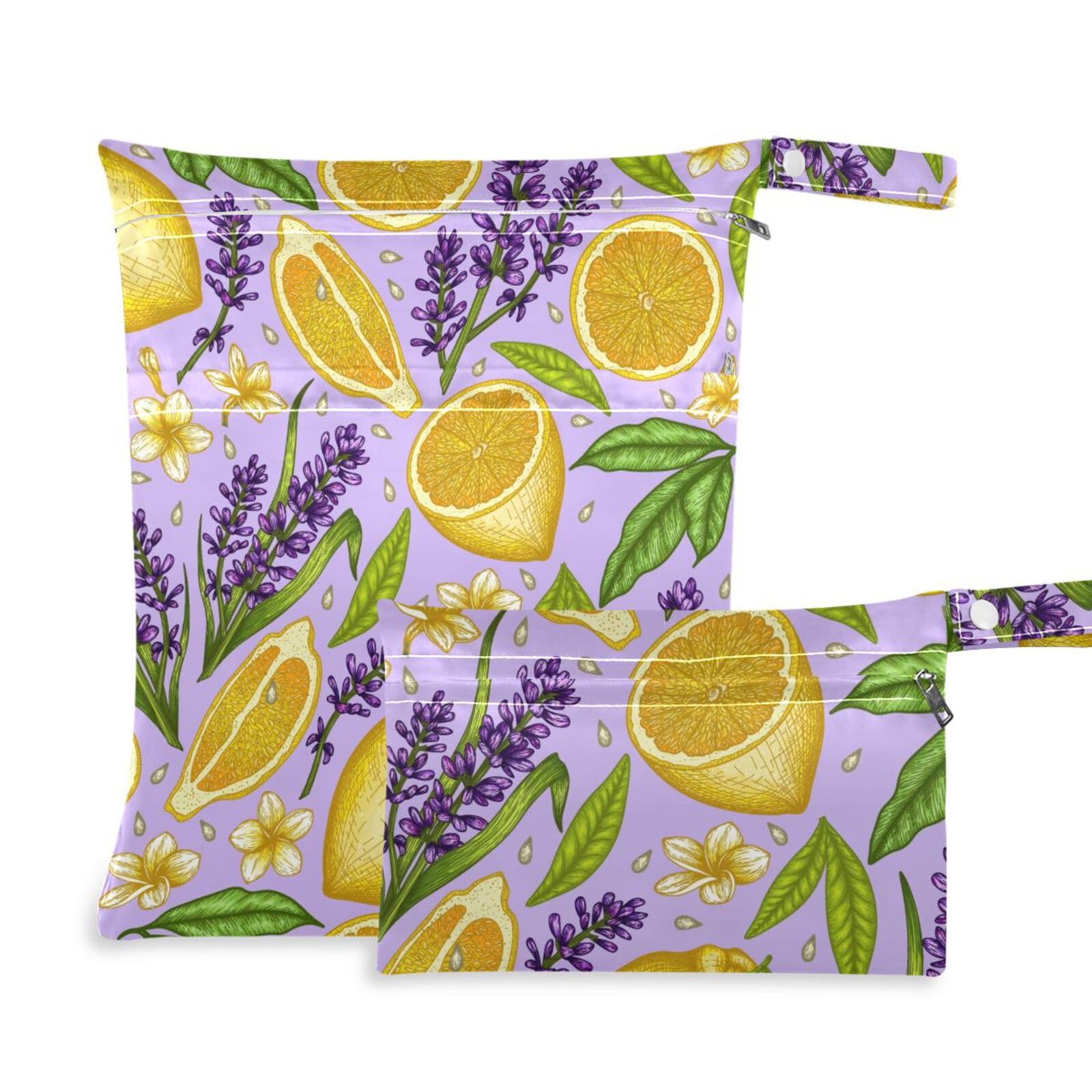 susiyo 2 Pcs Wet Dry Bag Colored Lemons Lavender Waterproof Reusable Baby Cloth Diaper Wet Bags with 2 Zipper Pockets for Breast Pump Parts Travel Beach Pool Gym Yoga Swimsuits Wet Clothes