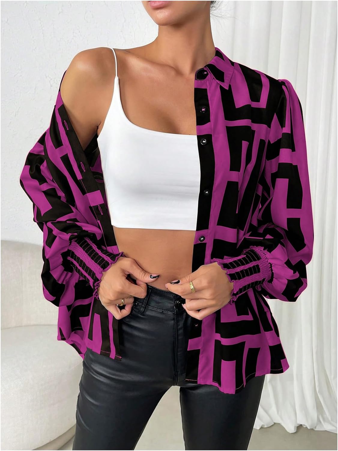 SweatyRocks Women's Graphic Print Long Lantern Sleeve Collar Neck Button Front Blouse Shirt Top Medium