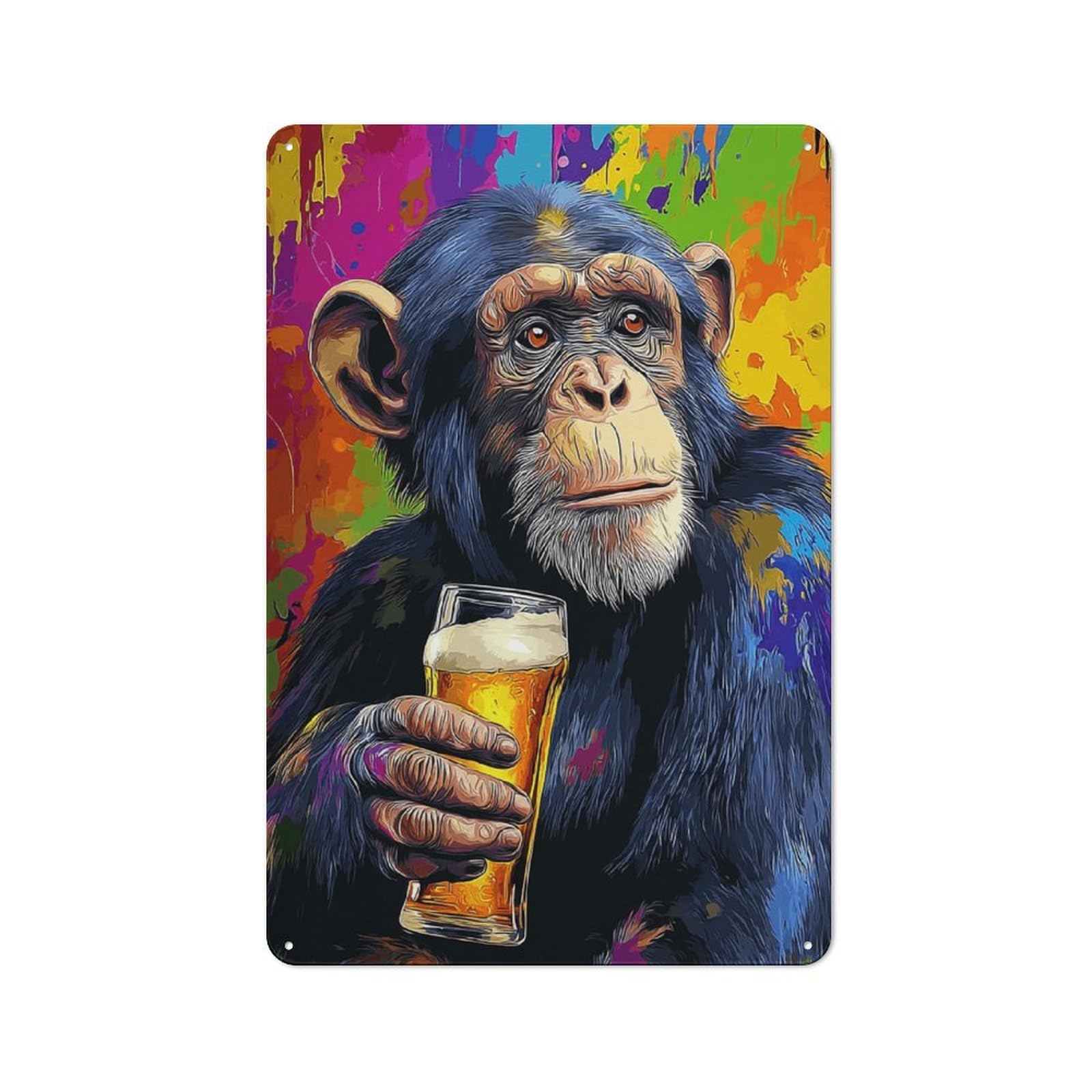 Chimpanzee with Beer Glass Metal Wall Sign 30x20cm, Rustic Decor for Garage Wall, for People Furnishing A Garage