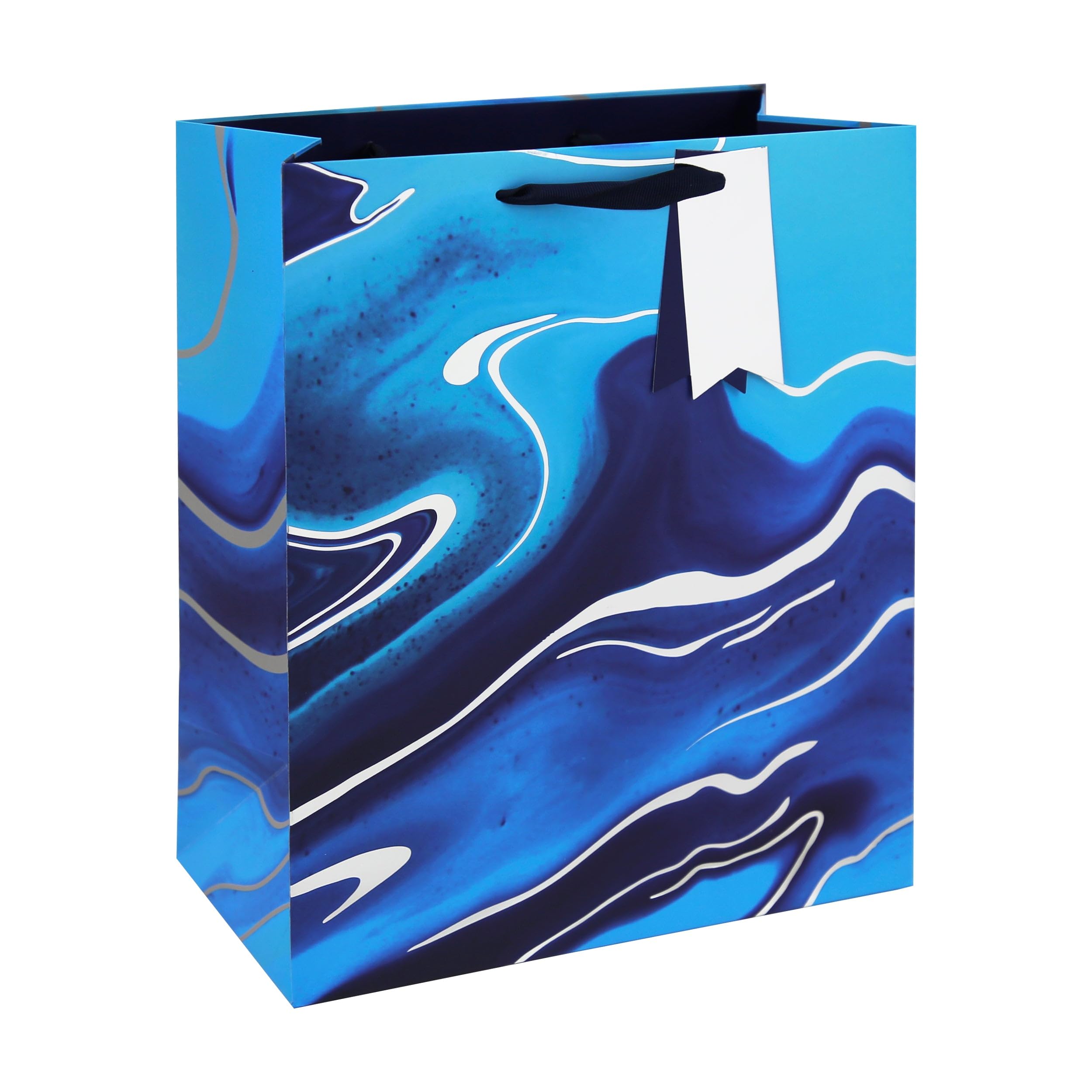 Eurowrap Large Gift Bag with Blue Marble Design, Foil Finish, Grosgrain Handle, Gift Tag and Blue Inside Print for Father's Day and Men's Birthday