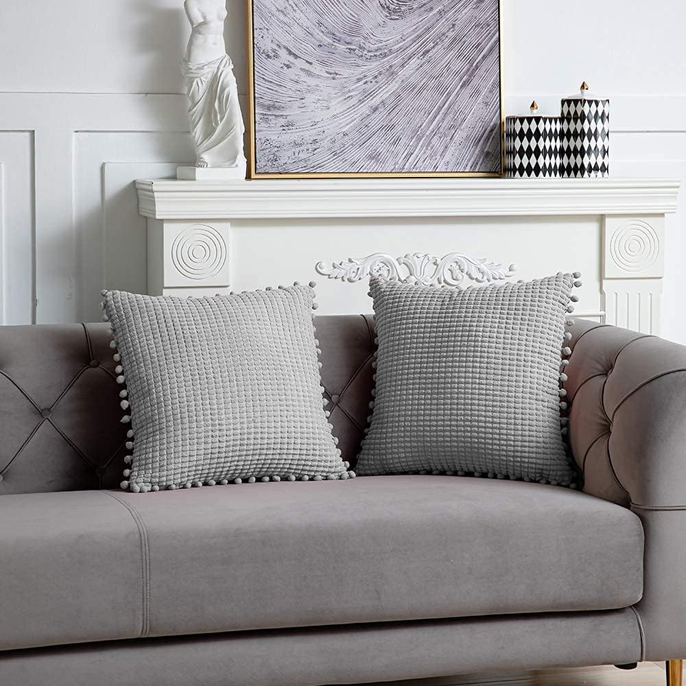 DEZENE 18x18 Inch Grey Decorative Throw Pillow Covers - 2 Pack Soft Corduroy Corn Striped Pom-poms Corduroy Corn Striped Square Pillow Cases for Bedroom Sofa Couch Living Room