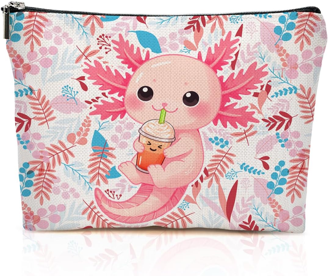 Cute Axolotl Makeup Bag, Pink Axolotls Gifts Cosmetic Bags Zipper Pouch